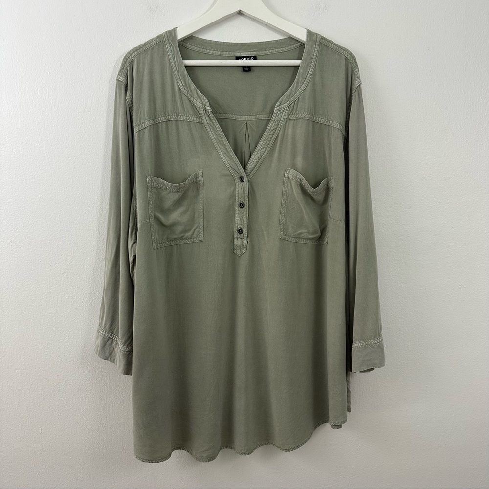 Torrid Women’s Harper Pullover Blouse Stretch Challis Olive Mineral Wash Size 4X